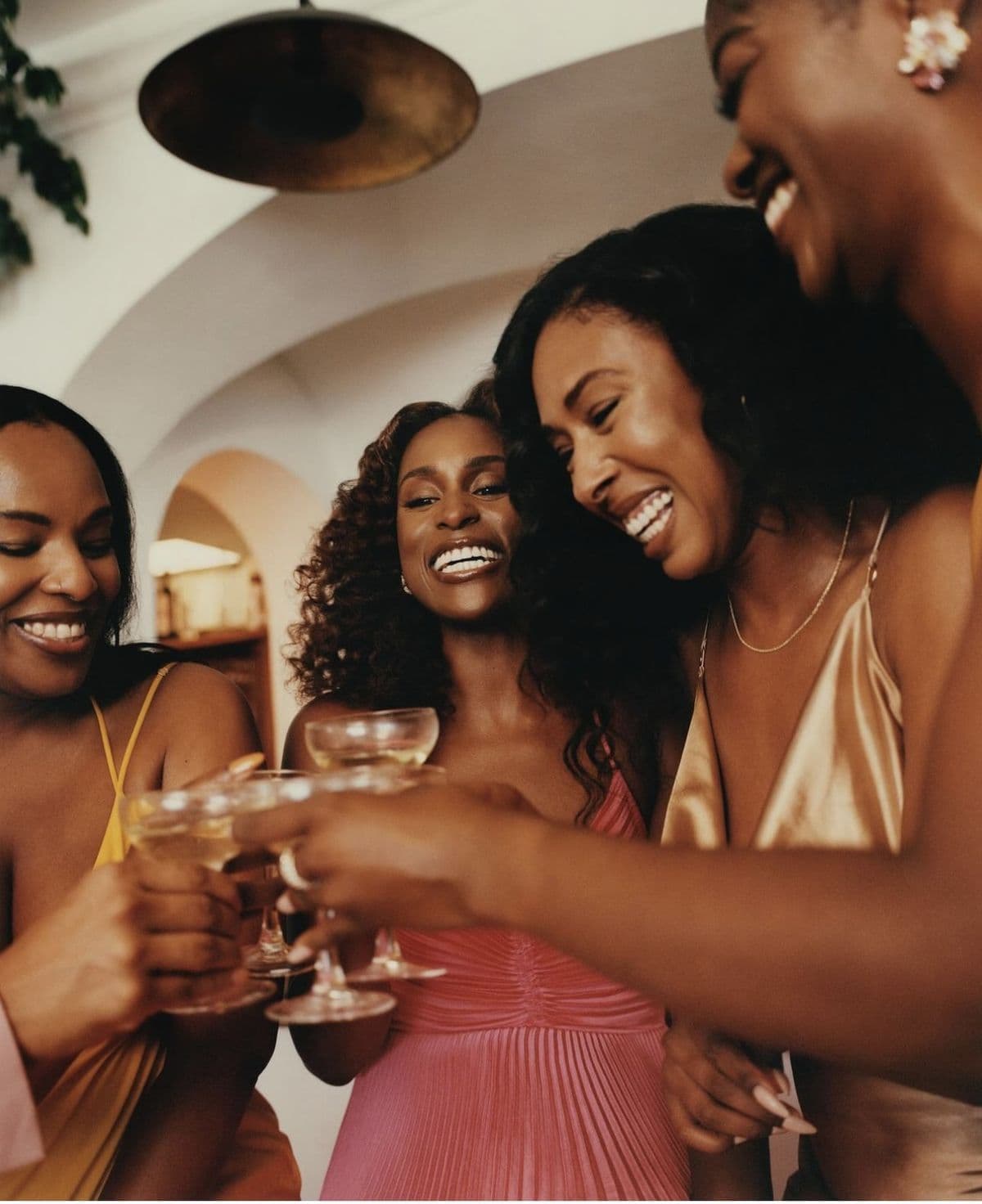 Friends clinking glasses together at a celebration