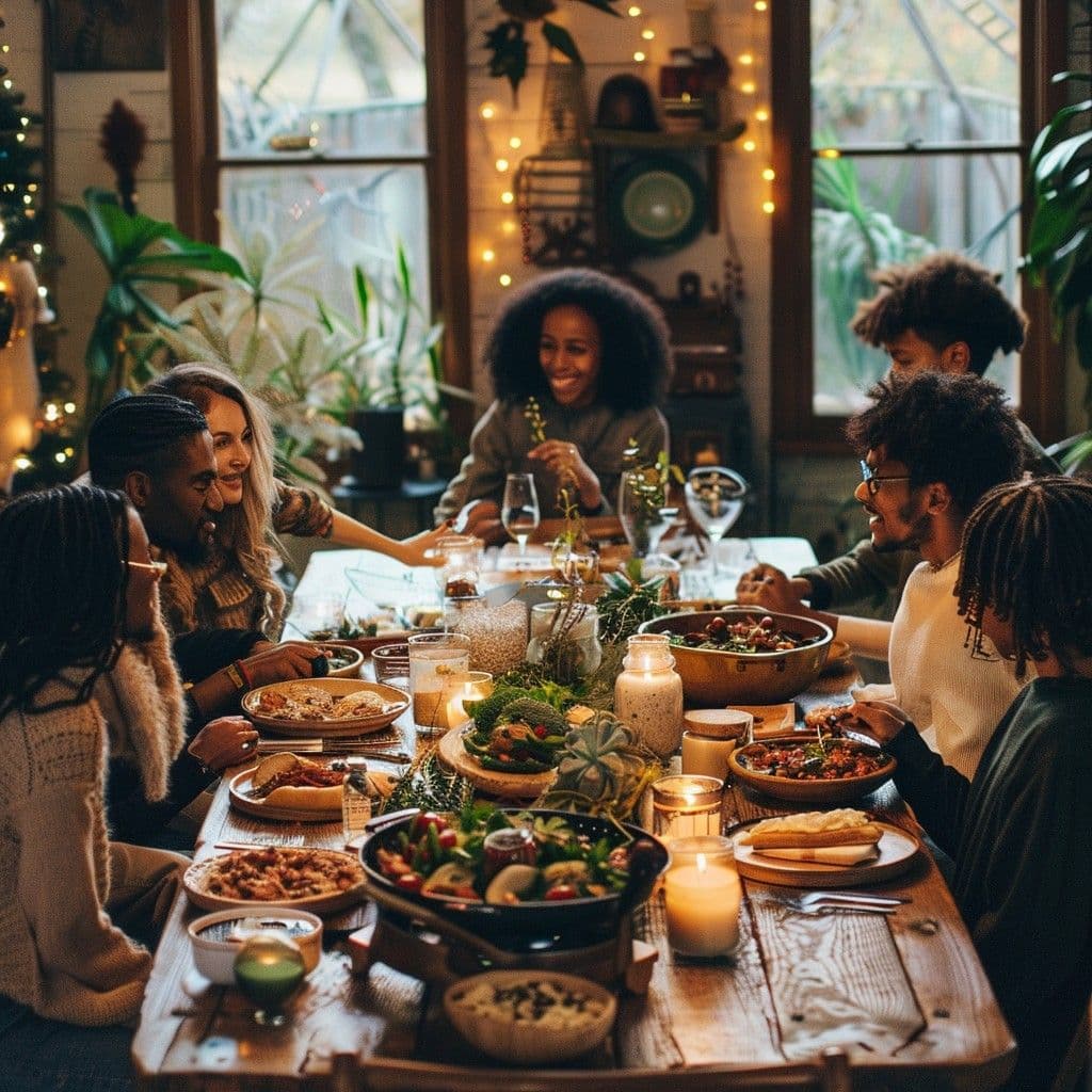 A family sharing a candlelit dinner around a long table