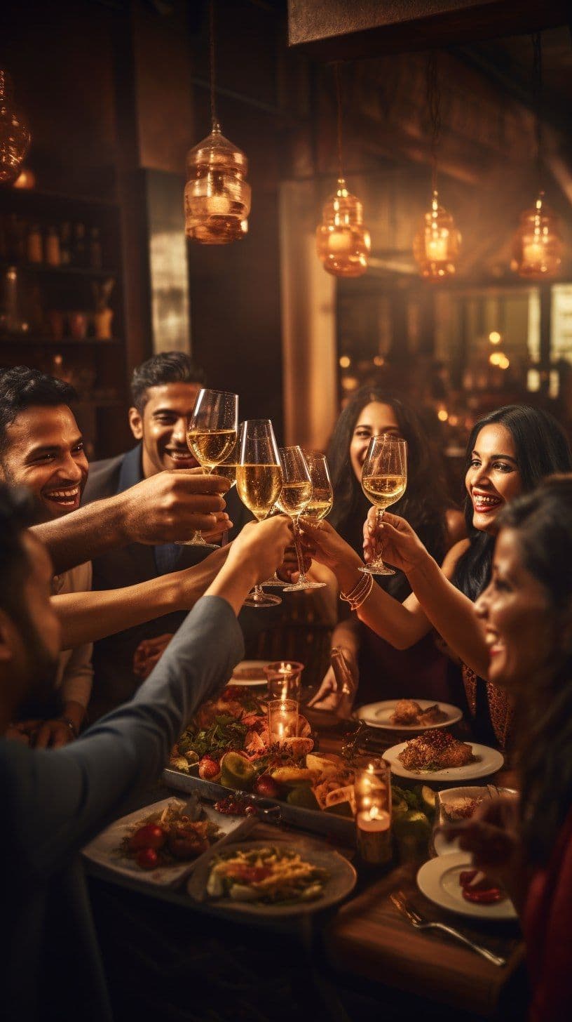 Guests raising a toast around a warmly lit restaurant table